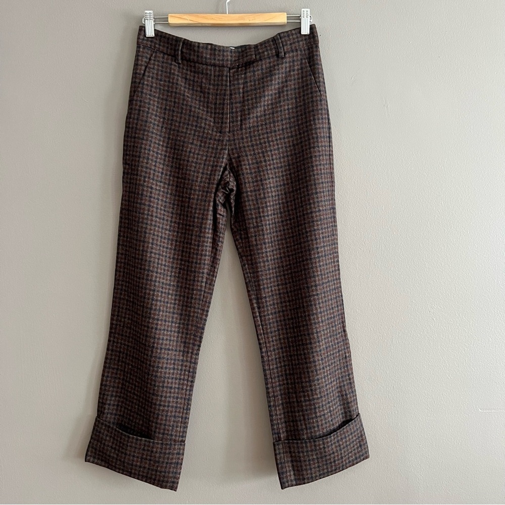 QL2 Womens Maura Trouser Pants Wool Plaid Mid Rise Cropped Brown Blue Size 42